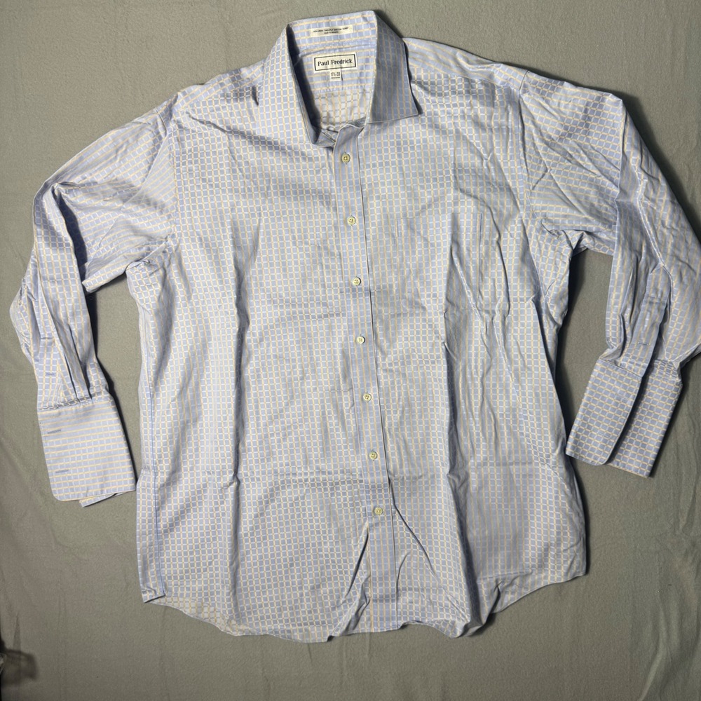 Paul Fredrick Non-Iron Cotton Dobby Check Dress Shirt Blue Yellow 17.5-33